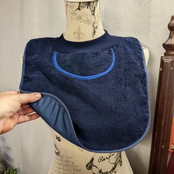 Navy Blue Towelling Waterproof Pullover Special Needs Bib Fits Child to Adult Made in Australia - Image 3