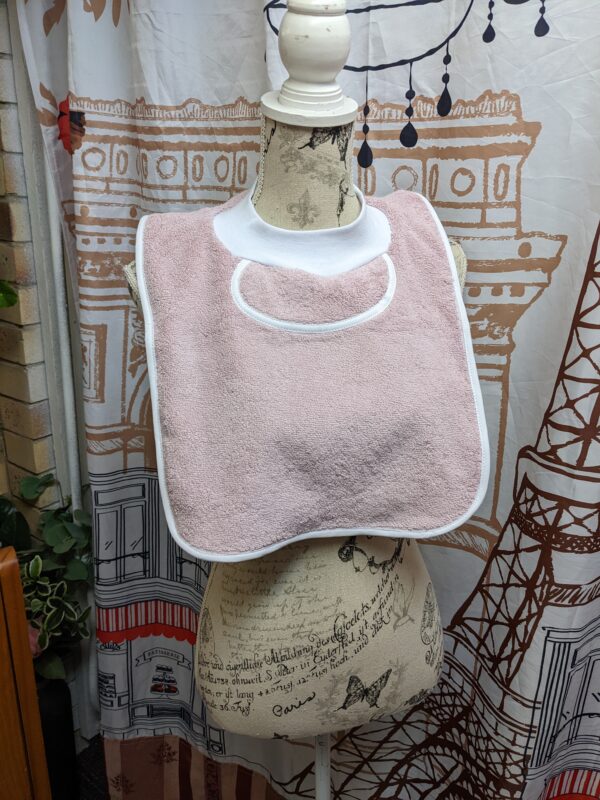 'Wonky' Musk Pink Waterproof Towelling Pullover Special Needs Bib Fits Child to Adult Made in Australia