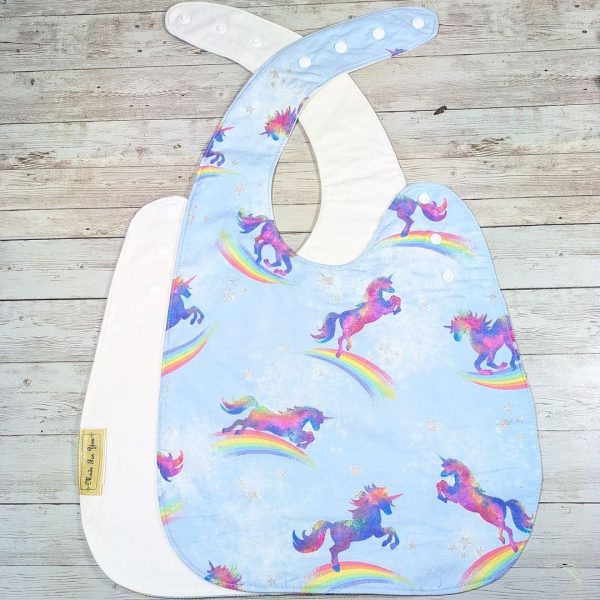 Rainbow Blue Unicorn Print Multi Size Special Needs Side Fastening Bib Made in Australia - Image 4