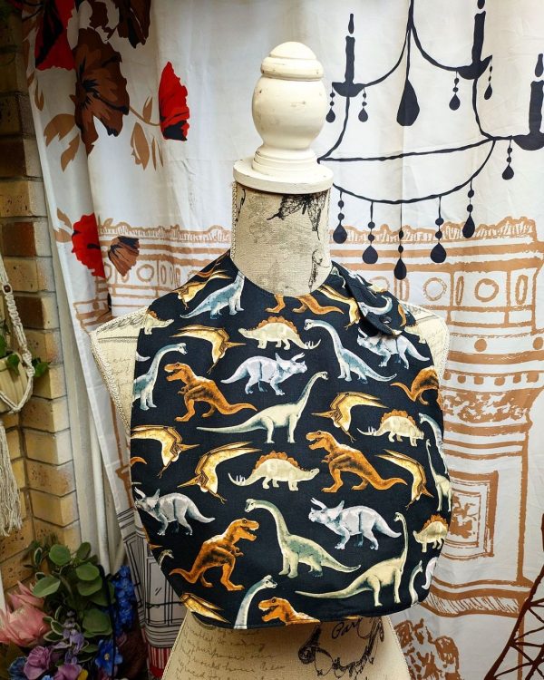 Black Dinosaur Print Multi Size Special Needs Side Fastening Bib Made in Australia