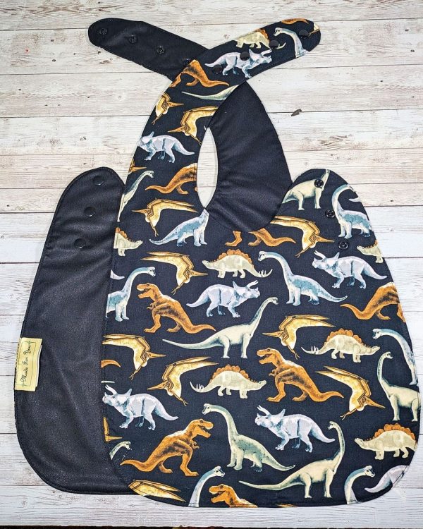 Black Dinosaur Print Multi Size Special Needs Side Fastening Bib Made in Australia - Image 4